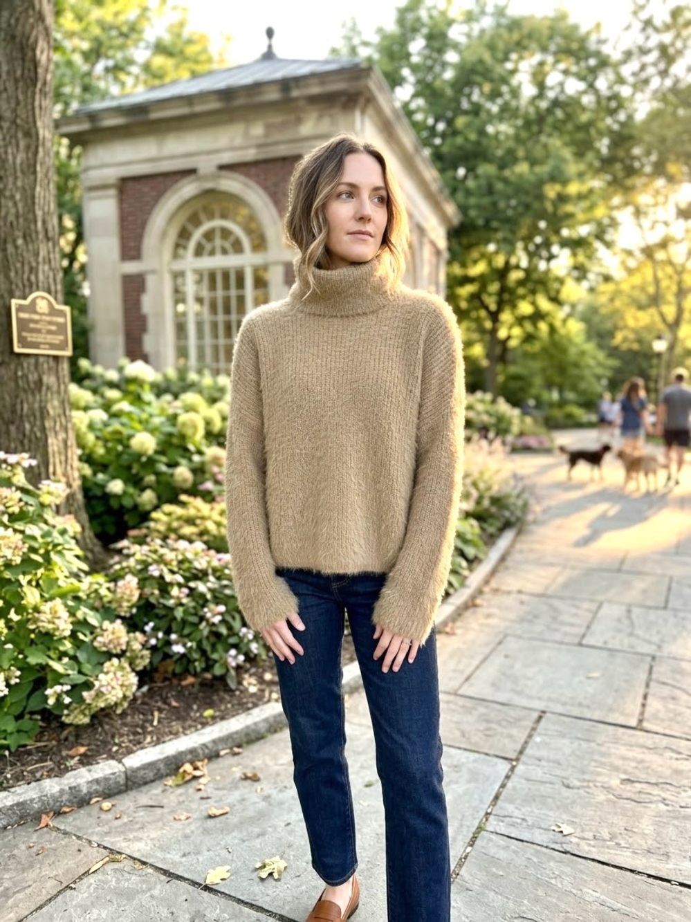 VERO MODA Fuzzy High-Neck Sweater in Camel Brown